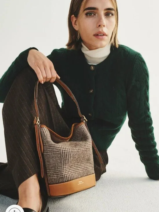 Polo Ralph Lauren Wool Glen Plaid & Suede Bucket Bag MSRP $548 - Picture 1 of 9